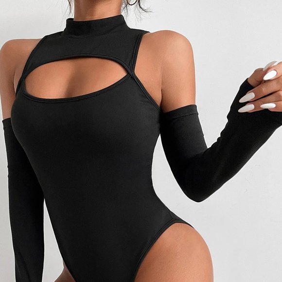 Black High Neck Cut Out Front Bodysuit - Picture 4 of 14